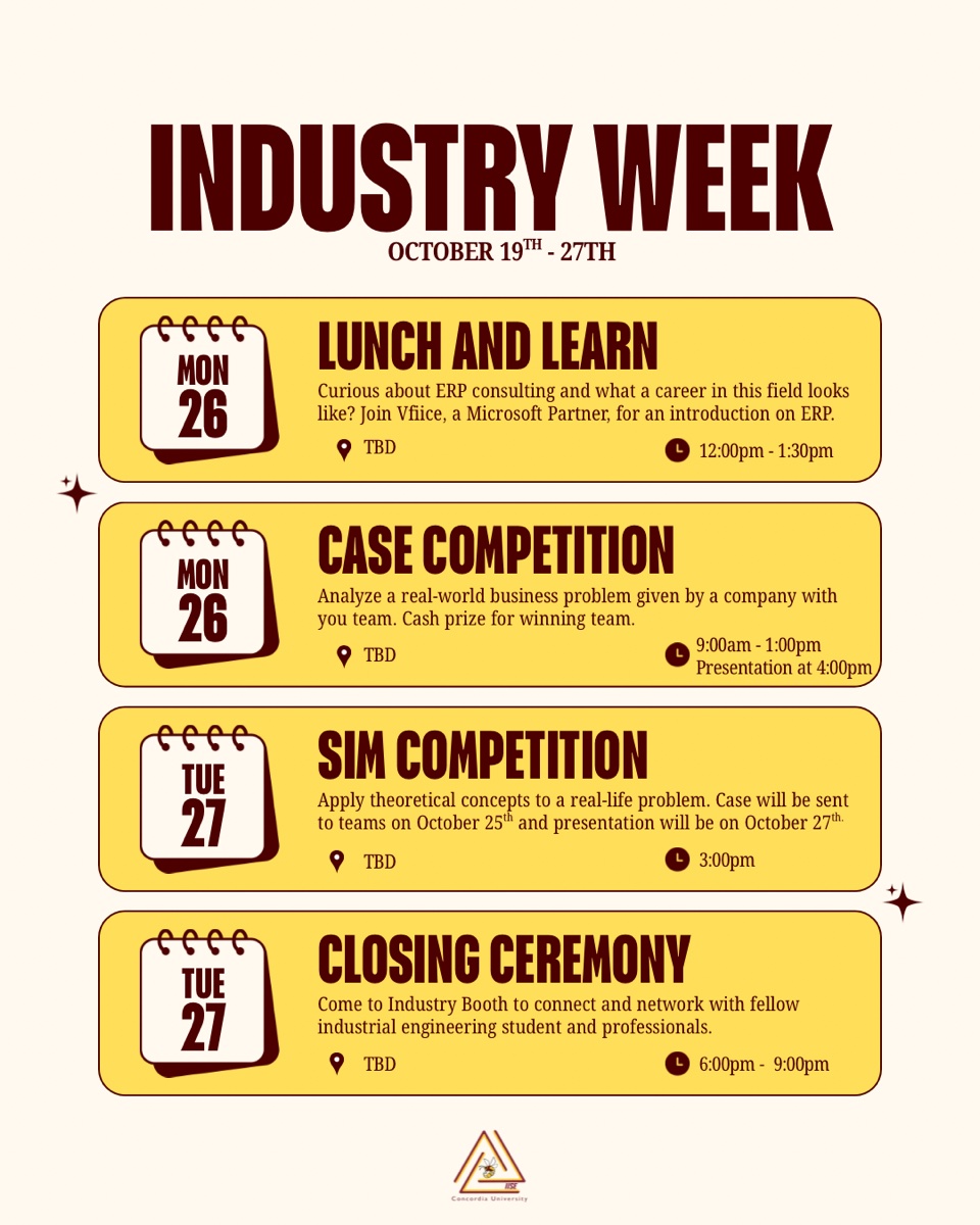 Industry Week 2026 schedule poster: Lunch and Learn and Case Competition on Monday October 26, Sim Competition and Closing Ceremony on Tuesday October 27. See the full schedule on the Industry Week page.